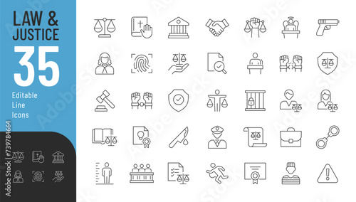 Law and Justice Line Editable Icons set. Vector illustration in modern thin line style of judicial system related icons: judge, jury, lawyer, defendant, crime, and more. Isolated on white