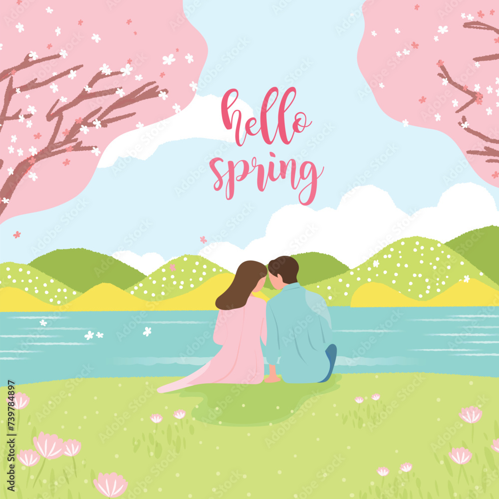 Spring shopping template with beautiful pink flowers and people
