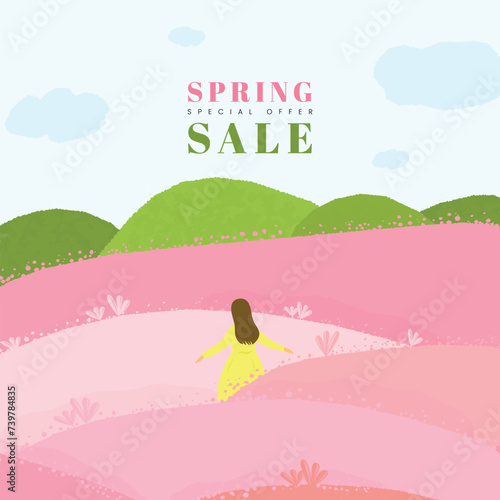 Spring shopping template with beautiful pink flowers and people © mj