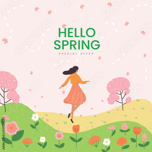 Spring shopping template with beautiful pink flowers and people