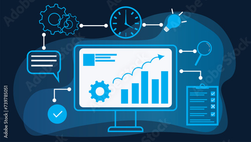 Abstract computer with artificial intelligence system on computer and speech bar on dark blue background.