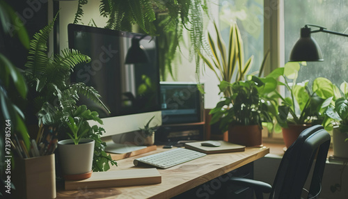 Experience the Serenity of Nature Indoors - A Home Office Adorned with Lush Greenery and Modern Computer Equipment, Perfect for Peaceful Work and Study