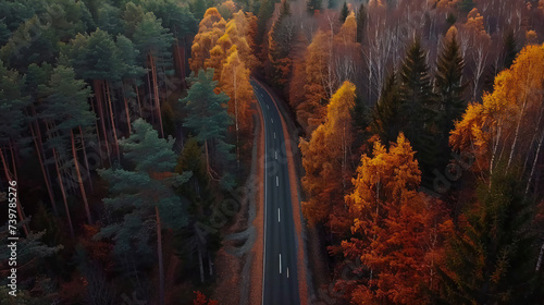 autumn landscape road through the forest aerial © Roses