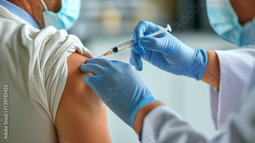 A close-up of a patient being injected with a vaccine in the shoulder.