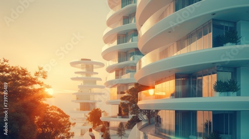 Architectural background. A tall building, a skyscraper against the background of the sky with green trees. The concept of eco-architecture of the future. Illustration for advertising.