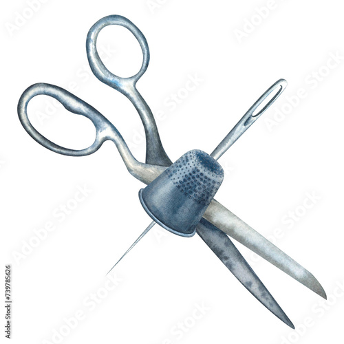 Scissors with a thimble and a needle. Watercolor hand drawn illustration of sewing tools on an isolated background for an icon, logo or business card. Sewing composition of iron items for needlework.