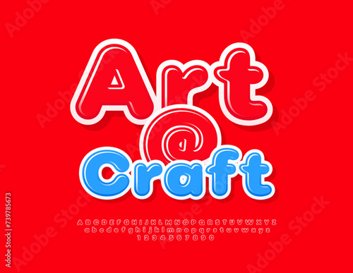 Vector artistic badge Art and Craft. Glossy Red Font for Kids. Bright Cute Alphabet Letters and Numbers.