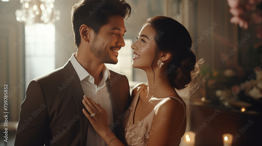 A happy married couple, pre-wedding photo, a girl and a young man are in the luxurious interior of the living room in a private house A happy married couple, pre-wedding photo, a girl and a young man are in the luxurious interior of the living room in a private house