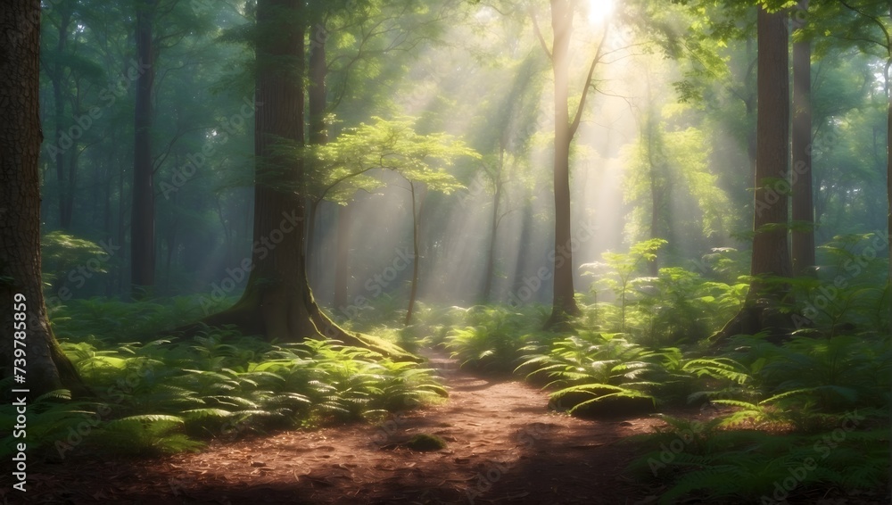 Tranquil forest scene, sunlight filtering through the canopy, dappling the forest floor with light and shadow, ideal for nature blogs or meditation apps. generative AI