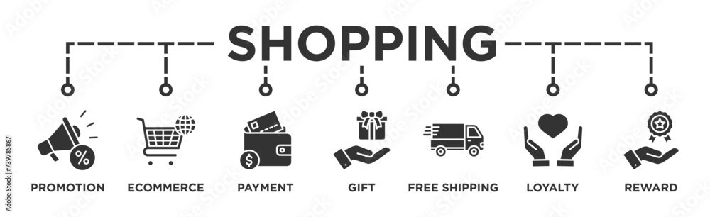 Shopping banner web icon vector illustration concept with icon of promotion, ecommerce, payment, gift, price, free shipping, loyalty, reward Shopping banner web icon vector illustration concept with icon of promotion, ecommerce, payment, gift, price, free shipping, loyalty, reward