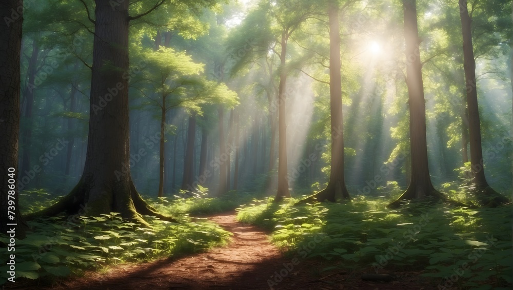 Tranquil forest scene, sunlight filtering through the canopy, dappling the forest floor with light and shadow, ideal for nature blogs or meditation apps. generative AI - obrazy, fototapety, plakaty 