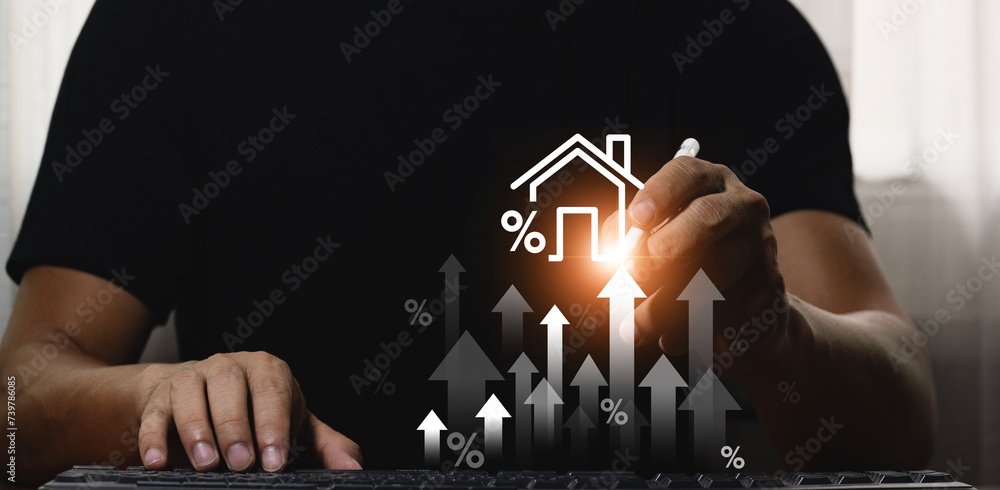 Real estate investment ideas Man using laptop touching virtual house icon to analyze home loan and real estate mortgage insurance interest rate investment planning Real estate business - obrazy, fototapety, plakaty 