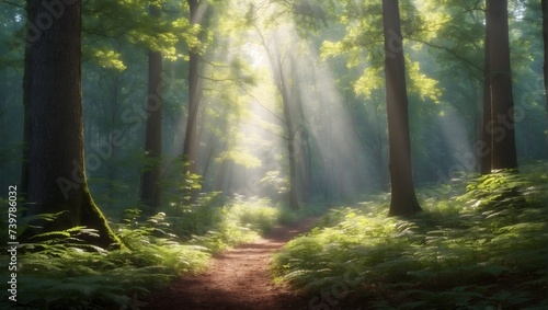 Tranquil forest scene, sunlight filtering through the canopy, dappling the forest floor with light and shadow, ideal for nature blogs or meditation apps. generative AI © Zohaib
