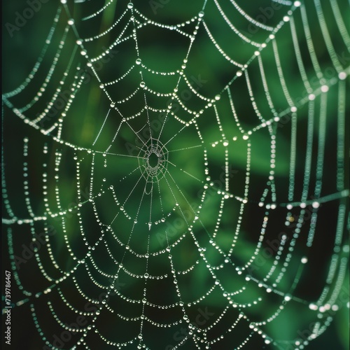 Dew on Spider Web - Close-up of a spider web adorned with dew drops in a green background