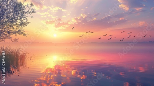 Serenity at Dawn's Light - A tranquil sunrise over a calm lake with birds in flight creates a peaceful atmosphere