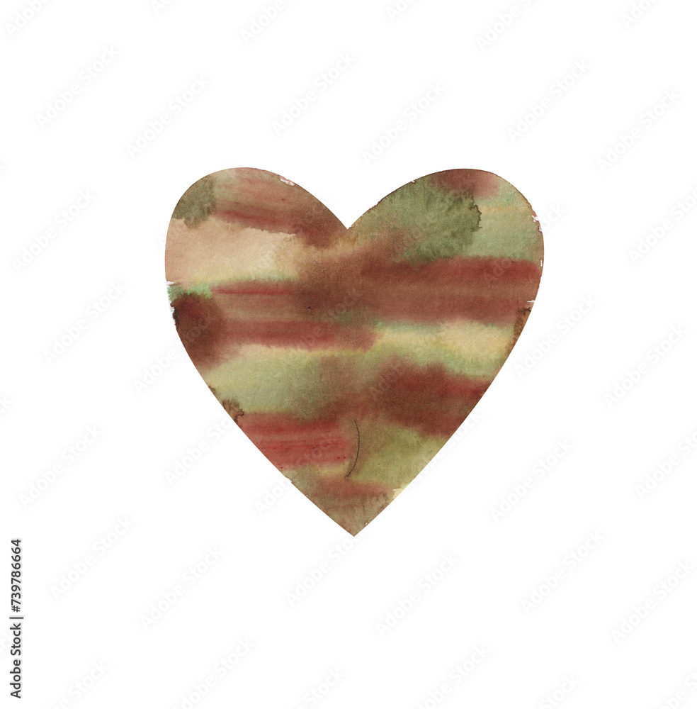 Brown heart, wooden heart.Watercolor illustration on a white background, abstract watercolor strokes