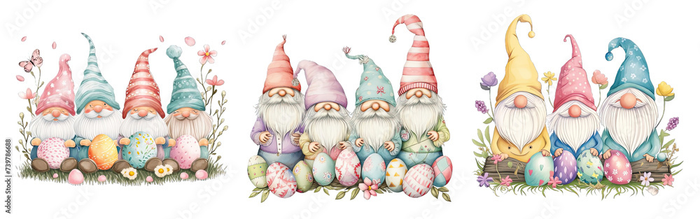 Collection of PNG. Four cute gnomes surrounded by easter eggs isolated on a transparent background.