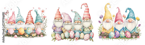 Collection of PNG. Four cute gnomes surrounded by easter eggs isolated on a transparent background.