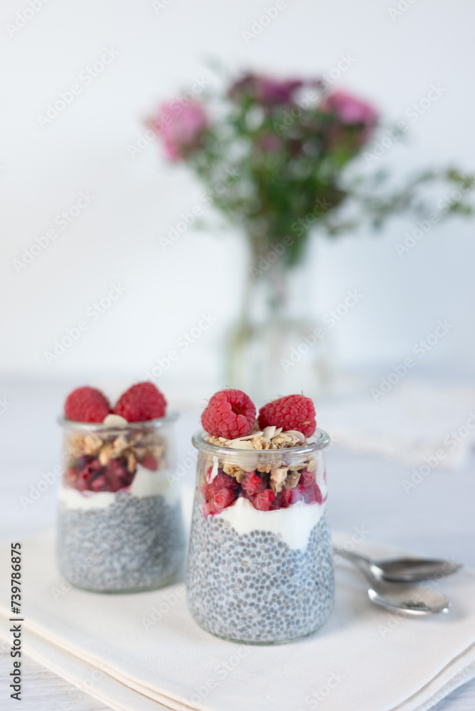 Naklejka premium Home made chia pudding with granola and berries. Selective focus.