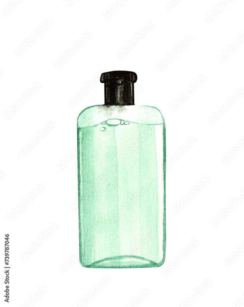 Watercolor illustration of green bottle of herbal shampoo Watercolor illustration of green bottle of herbal shampoo