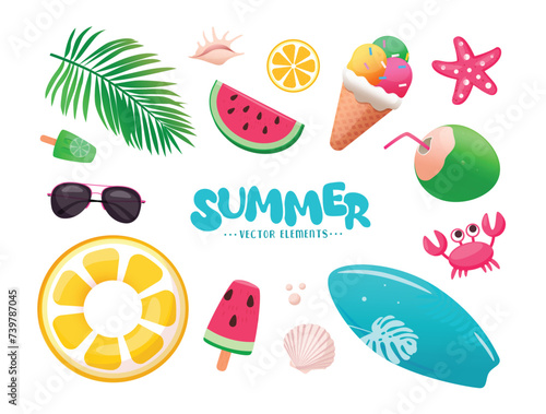 Summer tropical elements vector set design. Summer beach element like watermelon, ice cream, floaters, surfboard and coconut icon decoration isolated in white background. Vector illustration summer 