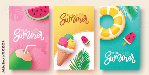 Summer hello greeting text vector poster set. Hello summer greeting with coconut drink, ice cream, floaters and watermelon beach elements for tropical season design. Vector illustration summer time 