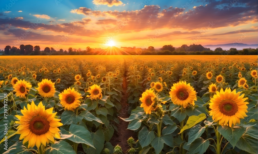 Vibrant sunrise over a field of sunflowers, golden rays illuminating the cheerful blooms, a symbol of optimism and new beginnings. generative AI
