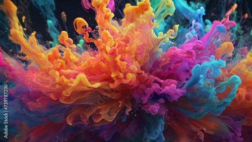 Colorful smoke explosion fluid gas ink particles slow motion. photo