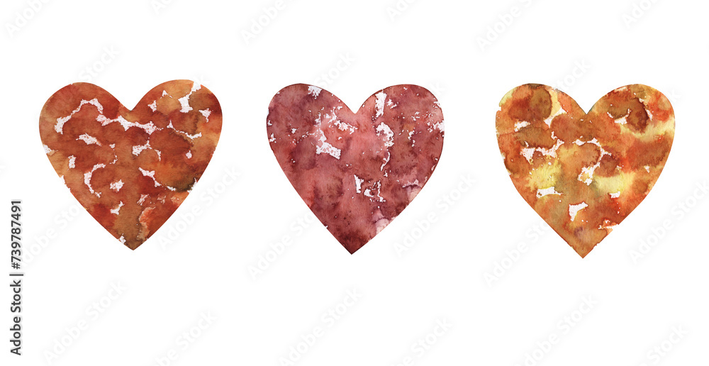 A set of red and yellow hearts. Watercolor background highlighted on a white background, elements of abstract strokes, spots in the form of hearts A set of red and yellow hearts. Watercolor background highlighted on a white background, elements of abstract strokes, spots in the form of hearts