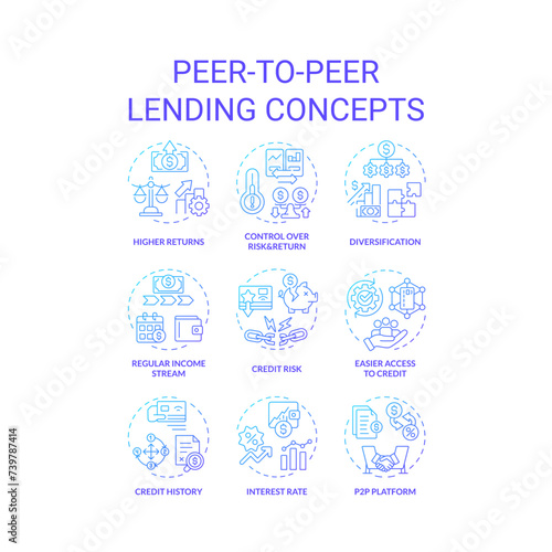 Peer-to-peer lending blue gradient concept icons. Borrowing and lending money. Investment. Connecting borrowers with investors. Icon pack. Vector images. Round shape illustrations. Abstract idea