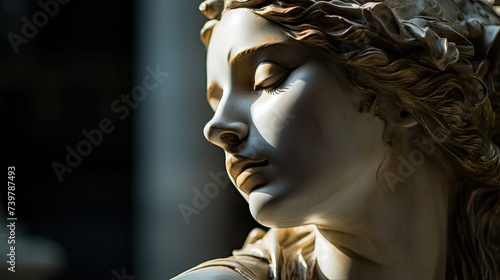 Antique statue in close-up. An old Greek or Roman monument with gold paint on its face. Concept of grandeur, elegance and art. AI generated