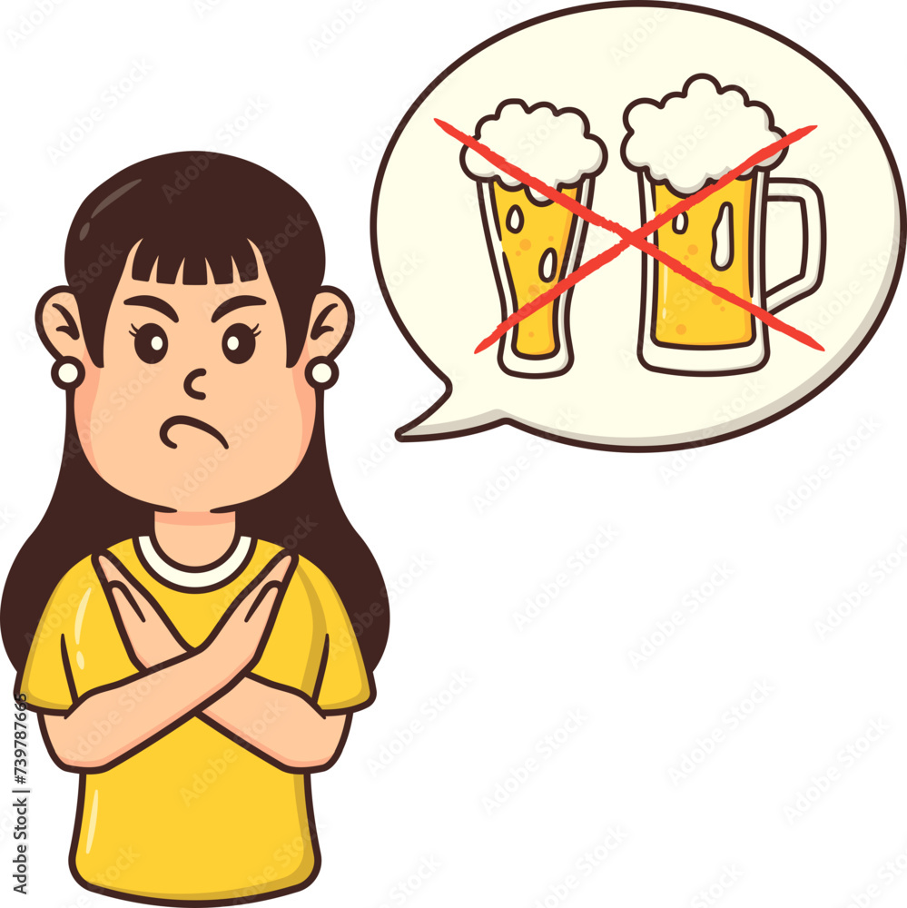 Female Character No Drinking Alcohol with Stop Hand Gesture Illustration, Refuse Alcohol Abuse and Sober Living in Dry January Month Female Character No Drinking Alcohol with Stop Hand Gesture Illustration, Refuse Alcohol Abuse and Sober Living in Dry January Month