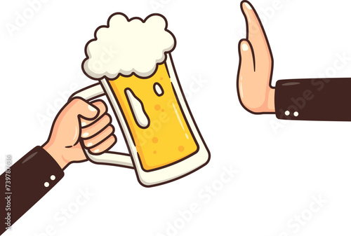 No Drinking Alcohol Sign with Stop Hand Gesture Illustration, Refuse Alcohol Abuse and Sober Living in Dry January Month