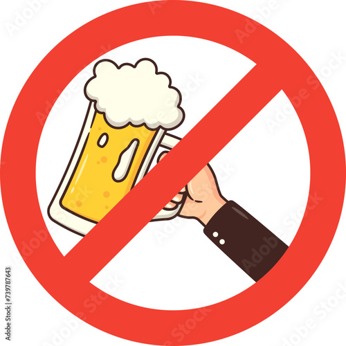 Alcoholic Addiction Stop Sign Label with Hand holding Glass, Warning Prohibition Drinking Alcohol in Sobriety Month Dry January