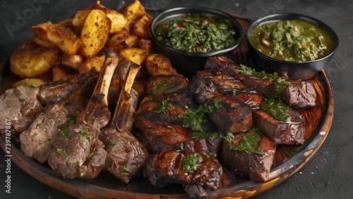 A platter of orted churrasco meats including succulent lamb chops and juicy sirloin steak accompanied by a zingy chimichurri sauce and crispy fried plantains. photo