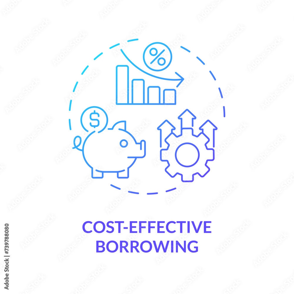 Cost-effective borrowing blue gradient concept icon. Lower interest rates for loan. Accumulation. Finance charge. Round shape line illustration. Abstract idea. Graphic design. Easy to use in marketing