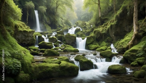 Enchanting waterfall hidden in the depths of the forest, cascading water amidst moss-covered rocks, creating a scene of natural beauty and wonder. generative AI