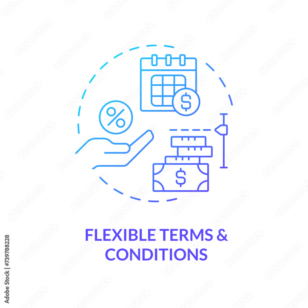 Flexible terms and conditions blue gradient concept icon. Loan amounts and repayment schedules. Round shape line illustration. Abstract idea. Graphic design. Easy to use in marketing Flexible terms and conditions blue gradient concept icon. Loan amounts and repayment schedules. Round shape line illustration. Abstract idea. Graphic design. Easy to use in marketing