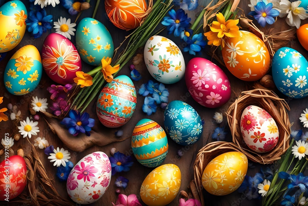 Design a vibrant and festive Easter Sunday wallpaper featuring colorful Easter eggs, spring flowers, and a joyful atmosphere, symbolizing renewal and rebirth. Design a vibrant and festive Easter Sunday wallpaper featuring colorful Easter eggs, spring flowers, and a joyful atmosphere, symbolizing renewal and rebirth.