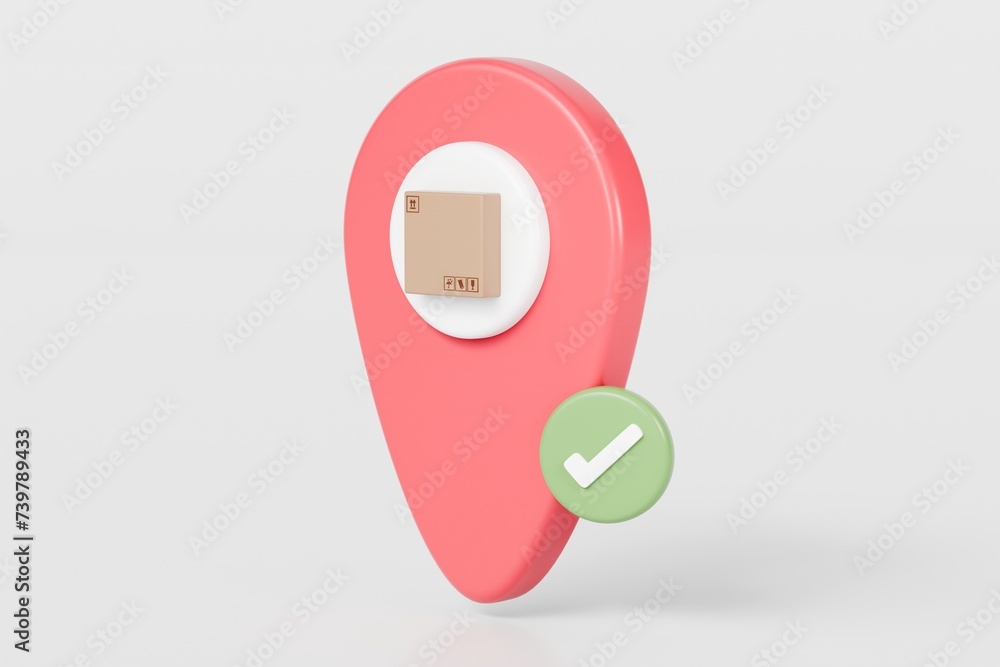 3d parcel box or cardboard box inside pin location and checklist icon. Correct mark delivery icon. Product delivery concept. Online shopping concept. isolated on white background. 3d rendering.