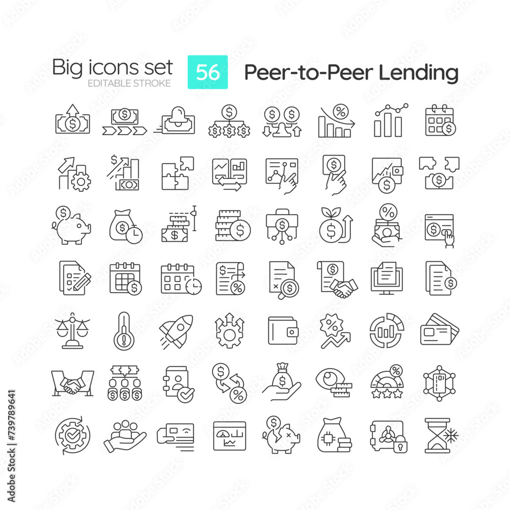 Peer-to-peer lending linear icons set. Investment. Obtain loans directly from individuals. Finance. Customizable thin line symbols. Isolated vector outline illustrations. Editable stroke