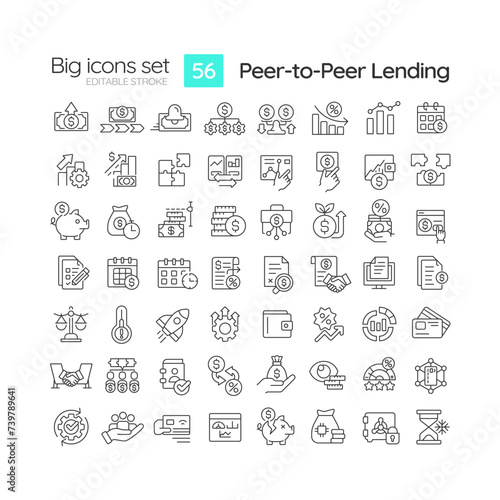Peer-to-peer lending linear icons set. Investment. Obtain loans directly from individuals. Finance. Customizable thin line symbols. Isolated vector outline illustrations. Editable stroke © bsd studio