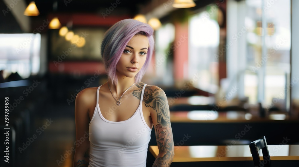 Pretty woman sit in cafe. Blonde caucasian girl with tattoo. Female hipster attractive person. AI generated