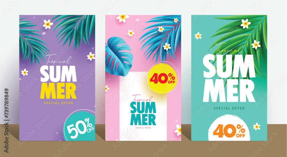 Summer tropical sale vector poster set. Summer tropical special offer text with palm and monstera leaf elements for seasonal shopping flyers collection. Vector illustration summer template.