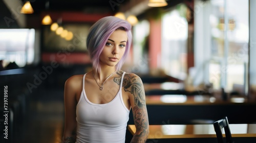 Pretty woman sit in cafe. Blonde caucasian girl with tattoo. Female hipster attractive person. AI generated