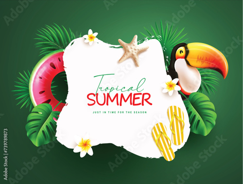 Summer tropical text vector template design. Tropical summer greeting text in white space with toucan bird, floaters, palm and monstera leaves elements for seasonal template. Vector illustration