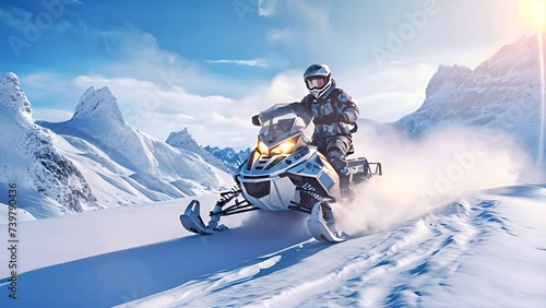 two man riding snowmobile at snowy mountain.generative ai photo