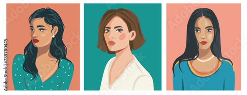 Set of vector portraits of beautiful women of different cultures and ages. Diversity. Flat illustration. Avatar for social networks.