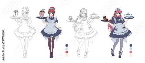 Anime girls working in maid cafe coloring book vector characters. Japanese women in special clothes serving desserts and drinks on white background