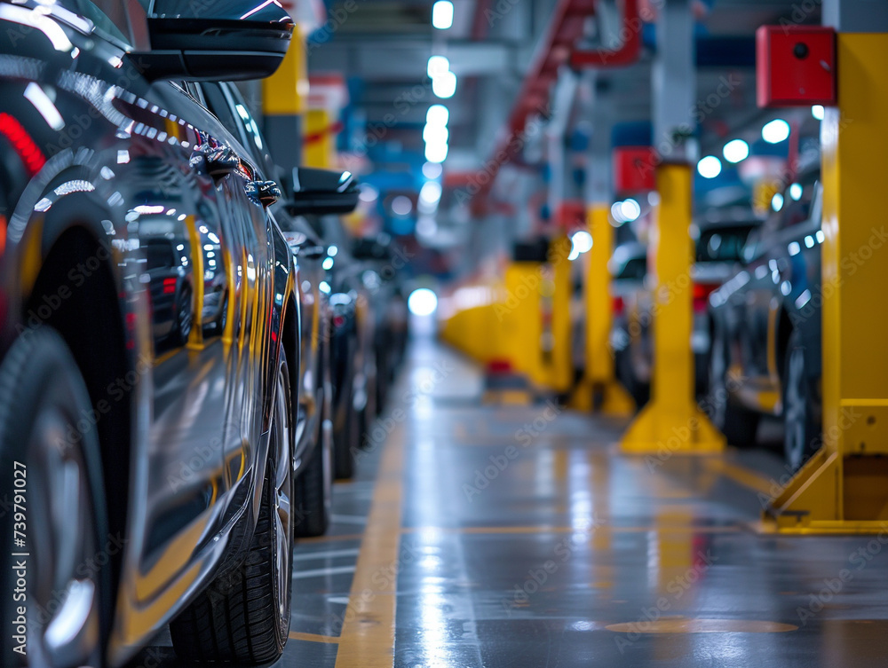 Automotive assembly line with cars in production. Automotive assembly line with cars in production.